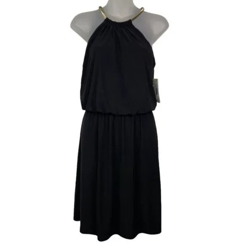 NWT J.B.S. WOMEN'S BLACK & GOLD CHAIN NECK DRESS SMALL